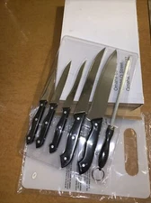NIB Omaha Steak KNIFE SET 7 Pc Cutlery Set cutting board 5 Knives and Sharpener