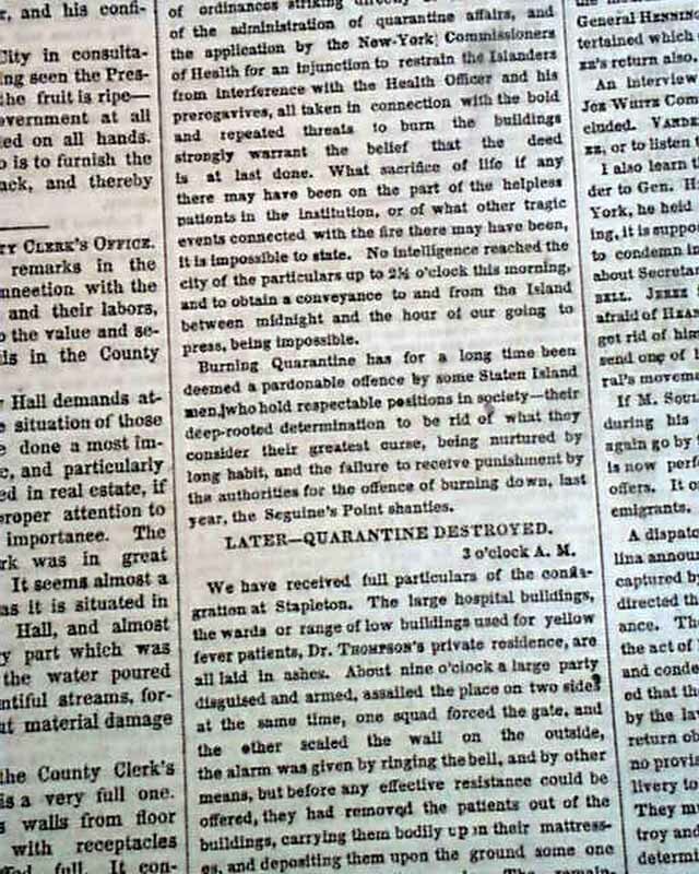 Infamous QUARANTINE HOSPITAL Burning Tompkinsville Staten Island 1858