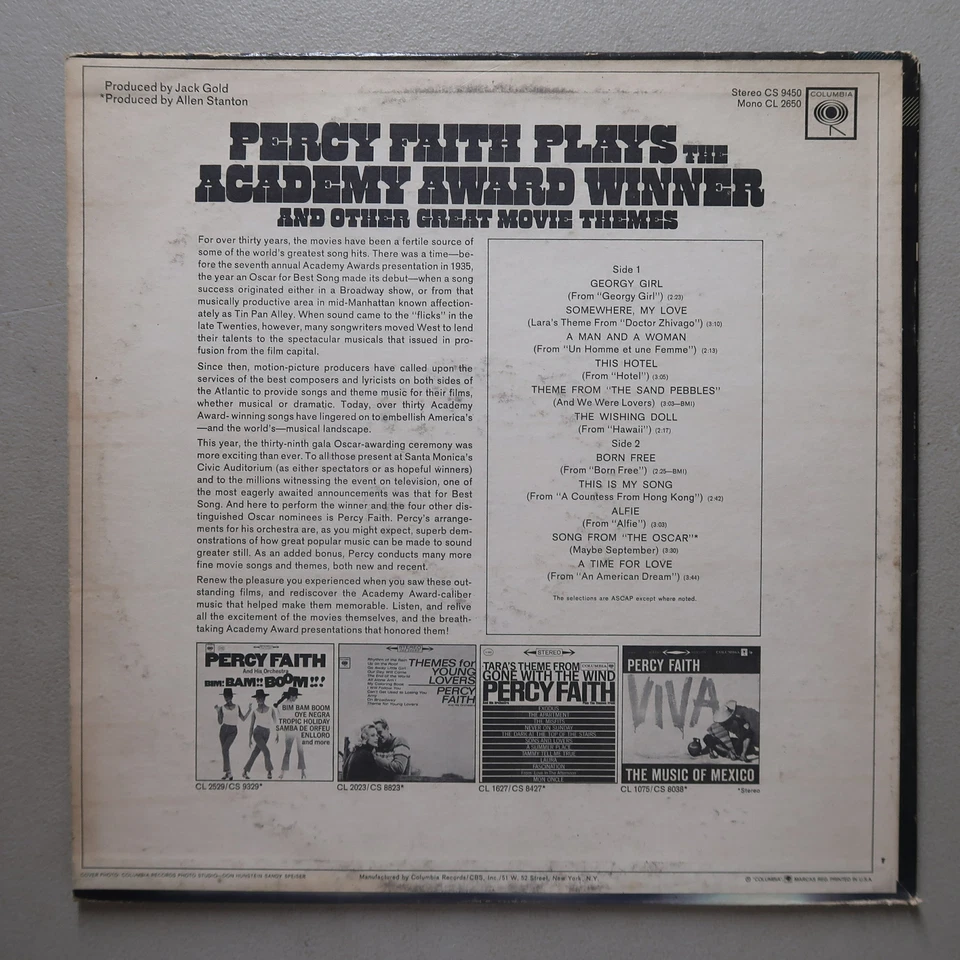 Percy Faith plays the Academy Award Winner Born Free Vinyl LP Columbia VG 65 Foto 2 de 4