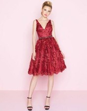 MAC DUGGAL 66756N FLORAL APPLIQUE V-NECK A-LINE COCKTIAL GARNET RED DRESS sz 16