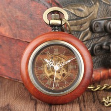 Antique Wood Automatic Mechanical Pocket Watch Skeleton Dial Pendant Chain Gift