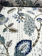 Indian Peacock Kantha Hand Block Print Handmade Queen Size Bedspread Quilt