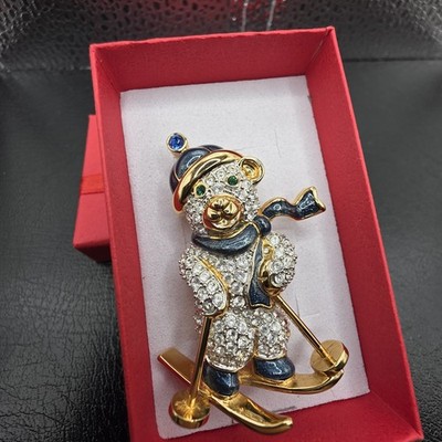 Swarovski signierte Weihnachtsfeiertag Teddybär Anstecknadel Brosche auf Skiern vergoldet Box