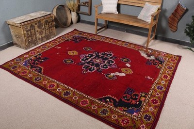 Vintage Large Rug 6,5x8 ft (198x243 cm), Turkish Red Plants & trees Rug