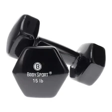 Body Sport Vinyl Coated Dumbbell – Exercises – Strength Training - 15 lb Pair