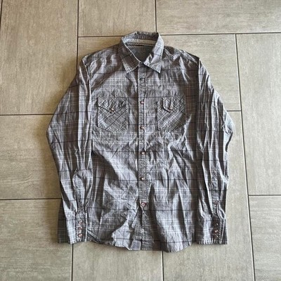 Guess Mens Grey Plaid Rock N Roll Eagle Graphic Snap Button Shirt Size Medium