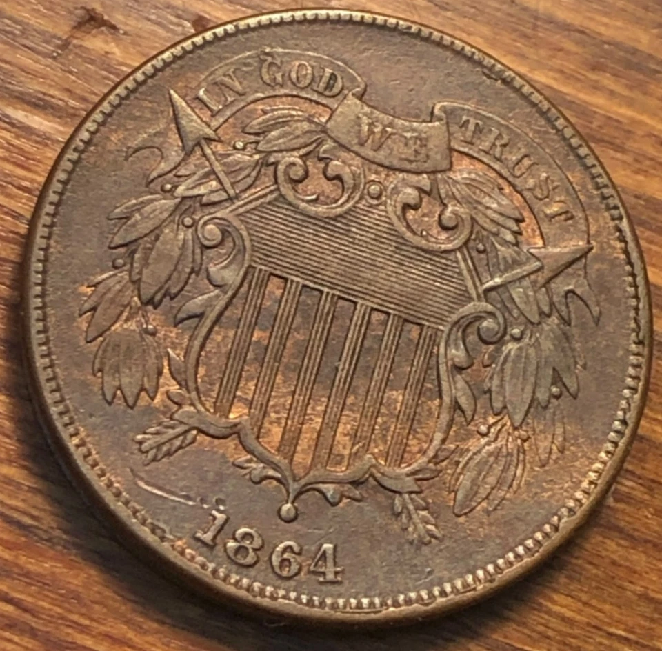 1864 Two Cent FULL MOTTO Better Upgrade Ungraded Civil War US Copper Type Coin 2 - Image 3 of 4