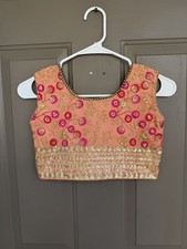 Peach Embroidered Crop Top Saree Blouse Lehenga Choli Gold Pink Sequin XS