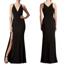 Dress the Population Iris Crepe V-Neck Slit A-Line Gown Maxi Dress Black Large