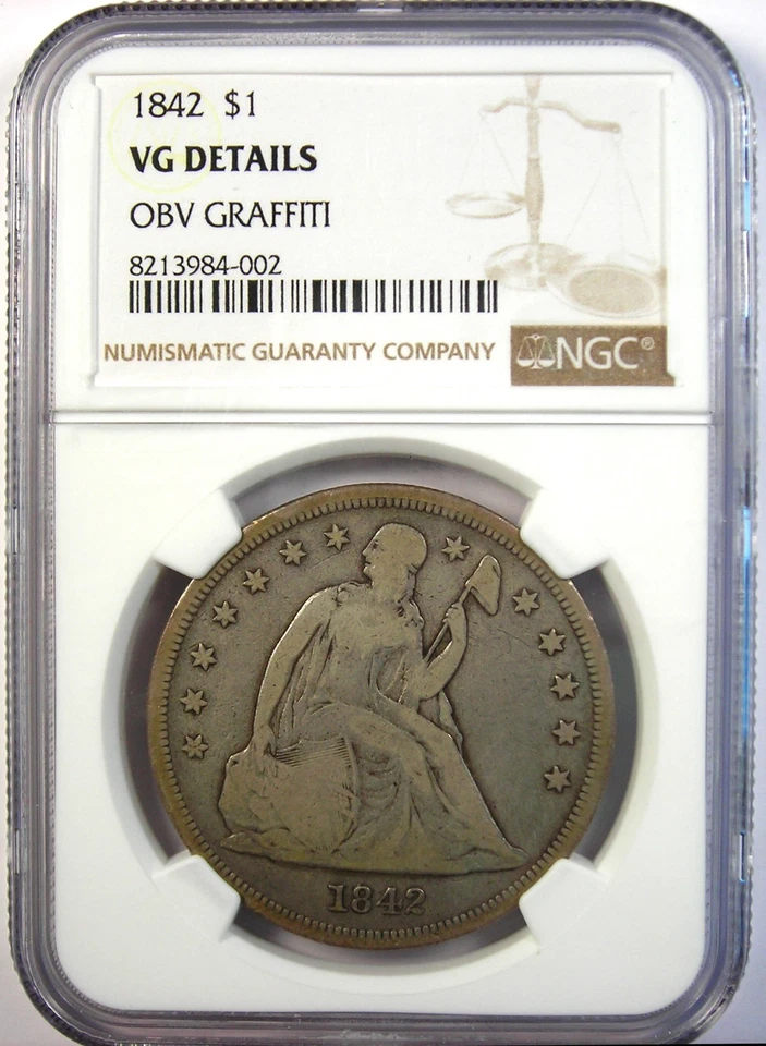 Dólar de plata libertad sentada 1842 $1 - Certificado NGC VG detalle - Moneda rara Foto 2 de 4