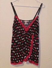 Cacique Babydoll Womens 22 24 Black Pink Polka Dots Lace Trim Lingerie Wireless