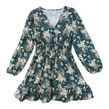 Cupshe Green Floral Blouson Sleeve Smocked Waist Mini Dress XL Boho V-Neck