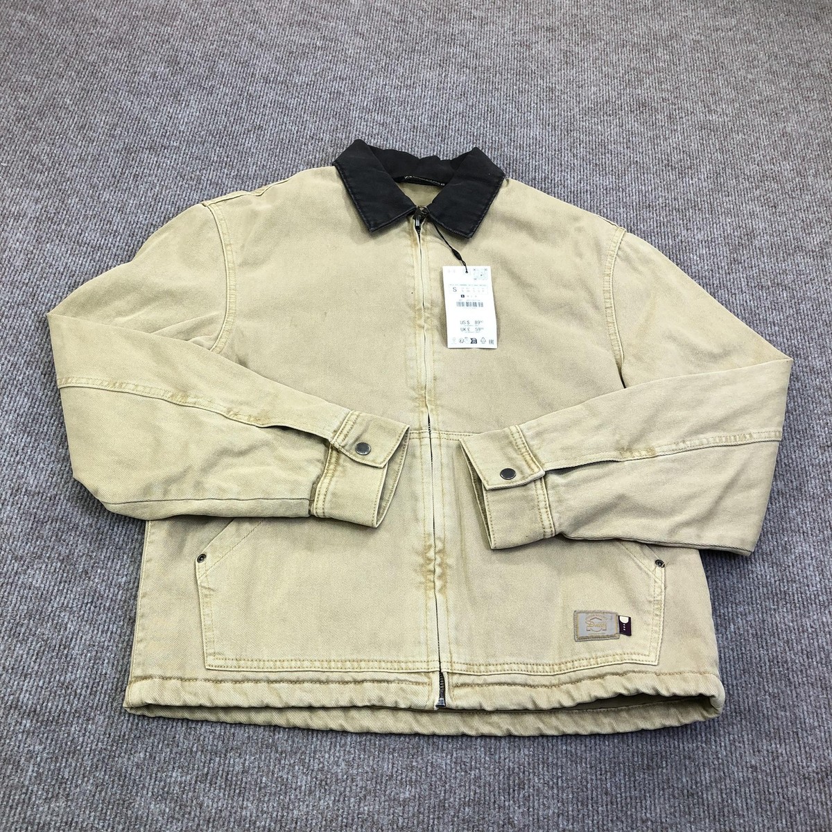7様オーダー Zara Jacket Mens Small Beige Canvas Bomber Full Zip Contrast