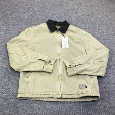Zara Jacket Mens Small Beige Canvas Bomber Full Zip Contrast Collar Workwear