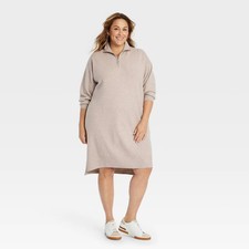 Women's Quarter Zip Long Sleeve Mini Sweater Dress - Ava & Viv Taupe 2X