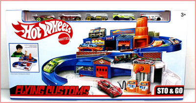 Hot Wheels Flying STO & GO Track Set + 5 CARS - Car Wash Repairs Shop Car Lift