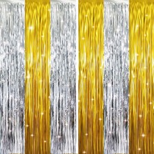 Metallic Tinsel Foil Fringe Curtains Gold Silver Party Backdrop 2 Pack