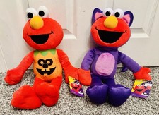 Sesame Street Halloween Elmo Pumpkin  Cat Suit 16  Plush Doll Set Just Play
