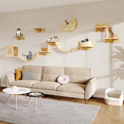 13-in-1 Cat Wall Shelves, Wall Mounted Cats Furniture Set with Plush Fabric, ...