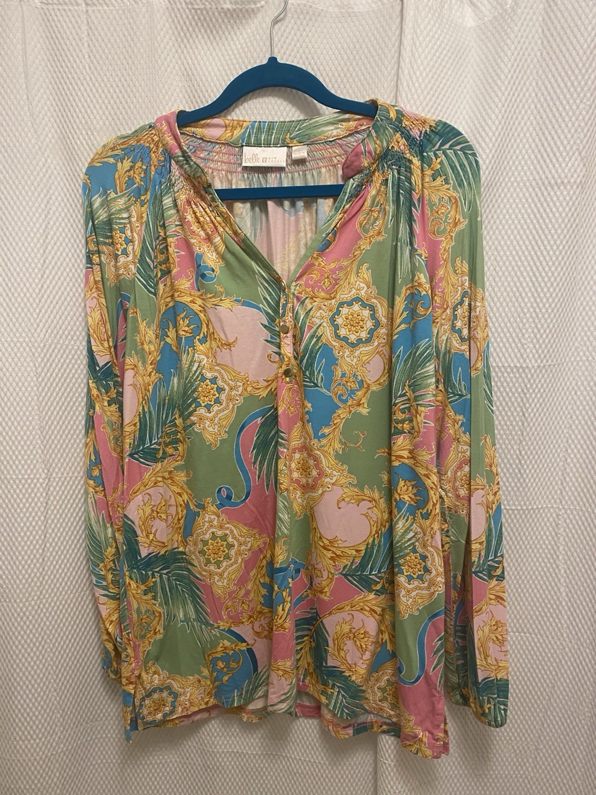 Belle Kim Gravel V Neck Vibrant Print Long Sleeve Stretch Top, Large