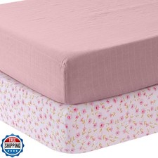 MOZAH Organic Muslin Crib Sheets - Pink and Pink Leaves - 2 Pack - Girl, Boy