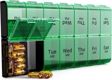 Extra Large Pill Organizer 2 Times a Day, XL 7 Day Box AM Black-green