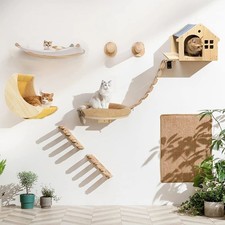 Cat Wall Climbing Shelves Hammock Scratching Post Bed & Hiding House Set