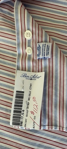 CAMICIA ABITO BEN ARGENTO 17,5x36 TUTTO COTONE BLU MADE IN USA A RIGHE POLSINO FRANCESE NUOVA CON ETICHETTE - Foto 4 di 5