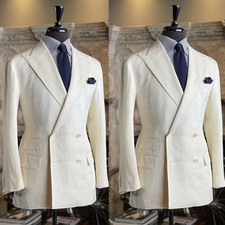 Summer Linen Men's Suits Double-Breasted Beach Wedding Groom Tuxedo Two Pieces