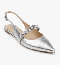 Jewel Badgley Mischka Silver Slingback  BAMBI  Stones Pointy Toe Flats Sz 7 NEW