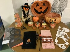 Lot of Halloween Decorations, 21 items, baskets, votives, towels, tablecloth