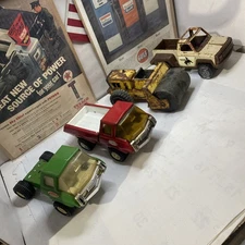 Vintage Metal Tonka Pickup Truck Red Pressed Steel and Three More Smaller Tonkas