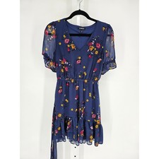 Express Womens Sz XS Short Sleeve Sundress Dress Blue Floral Ruffled V Neck