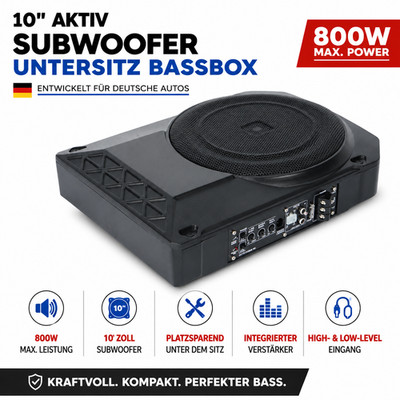 10'' Aktiv Subwoofer Untersitz Bassbox 800W mit Verstärker Auto KFZ Lautsprecher