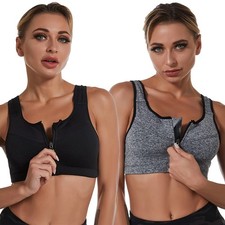 Womens Plus Size 2 Pack High Impact Sports Bra - Zip Front - Wirefree and Rem...