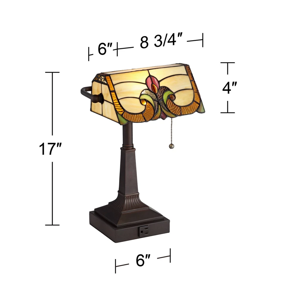 Traditional Piano Banker Desk Table Lamp 17" Outlet Bronze Tiffany Glass Bedroom - Image 4 of 4