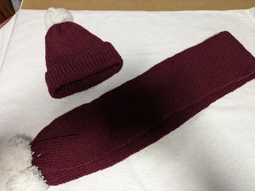 Burgundy Adult Knitted Hat And Scarf Set With White Pom Poms - Handmade SALE