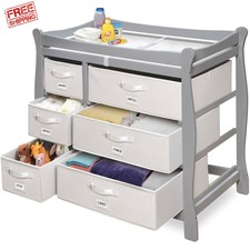 sleigh style baby changing table with 6 storage baskets and pad