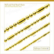 18K Gold Plated Stainless Steel Ball And Oval Bead Chain Bracelet Necklace 1-3mm