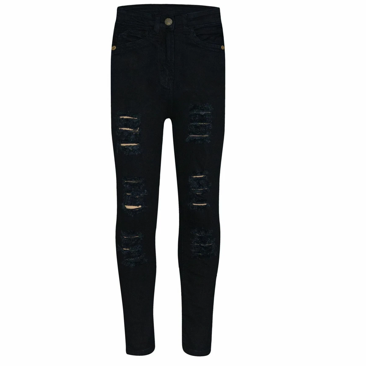 Girls Skinny Jeans Jet Black Denim Ripped Fashion Stretch Pants | eBay