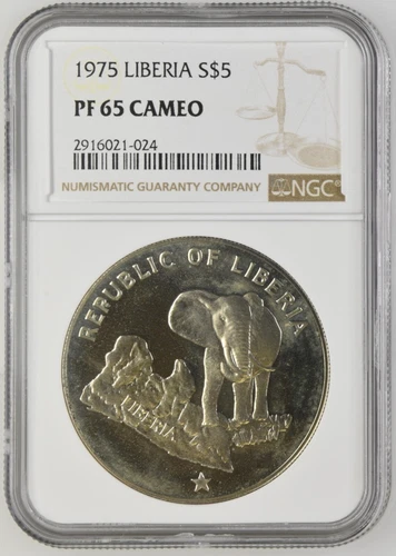1975 Liberia 5 Dollars Silver Proof Elephant NGC PF65 Cameo