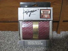 Vintage 80s 1984 Mon Image "Silver Burgundy" Lighted Mirror & Cosmetic Brush Set