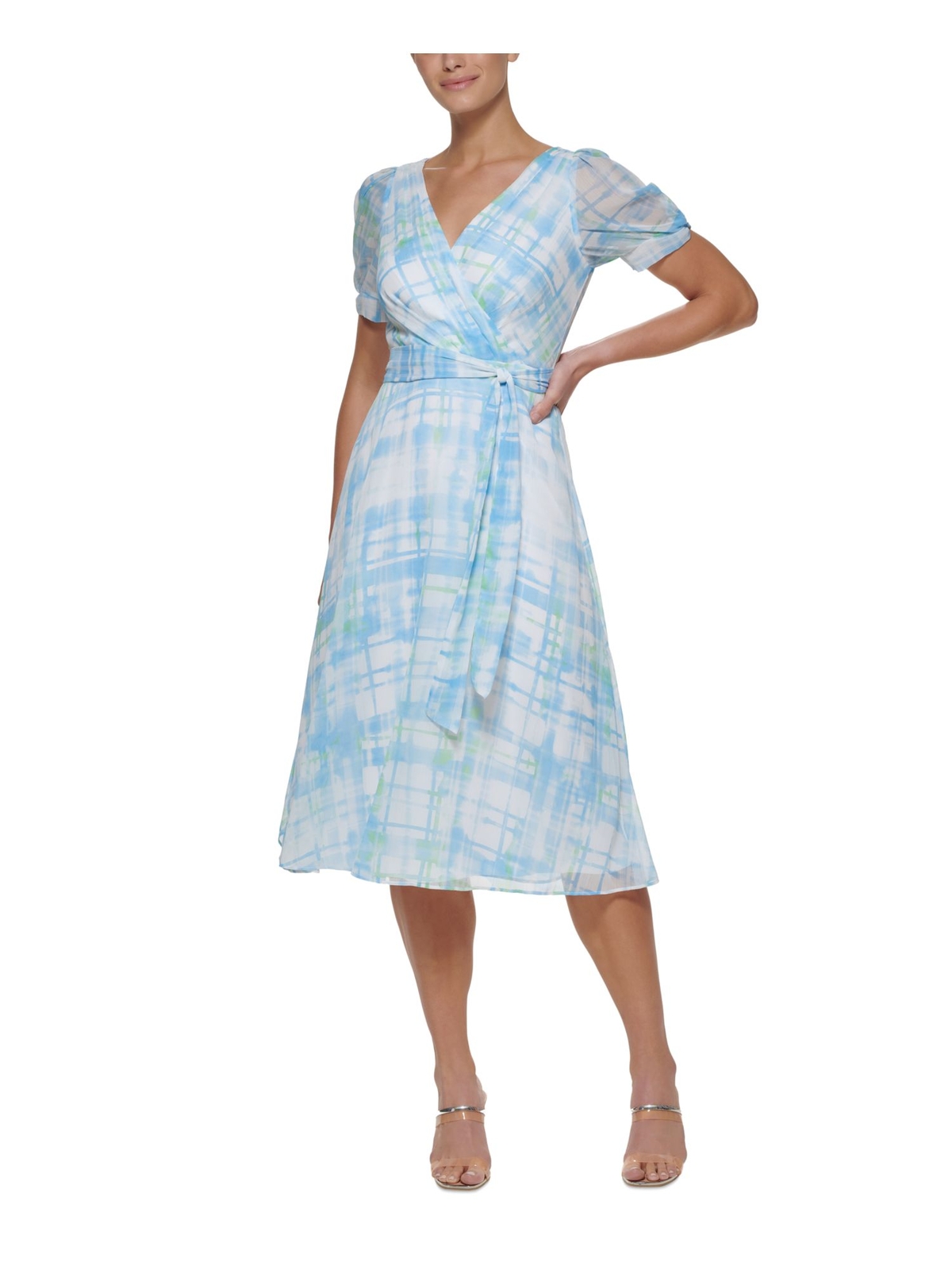 Женское белое клетчатое миди-платье DKNY в клетку с закручивающимися манжетами на подкладке и завязками на талии 16