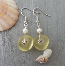 Hawaiian Jewelry Sea Glass Earrings, Light Weight Yellow Earrings, Pearl Beach
