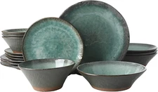 Green Lantern Service for 4 (16 Piece) Double Bowl Dinnerware Set, Teal, Soft Gr
