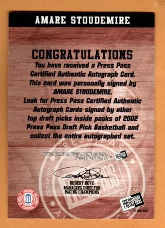 Press Pass Amare Stoudemire 2002 autógrafo de novato, ¡casi como nuevo! Foto 2 de 2