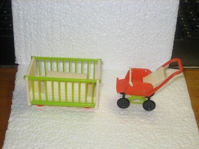 VTG BRUDER DOLLHOUSE NURSERY CRIB AND STROLLER MADE W GERMANY