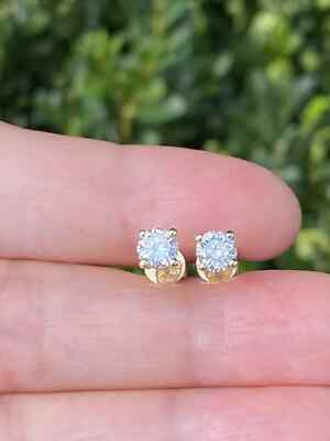 14K Yellow Gold .87CTW 100% Natural White Diamond 4.7mm Stud Earrings