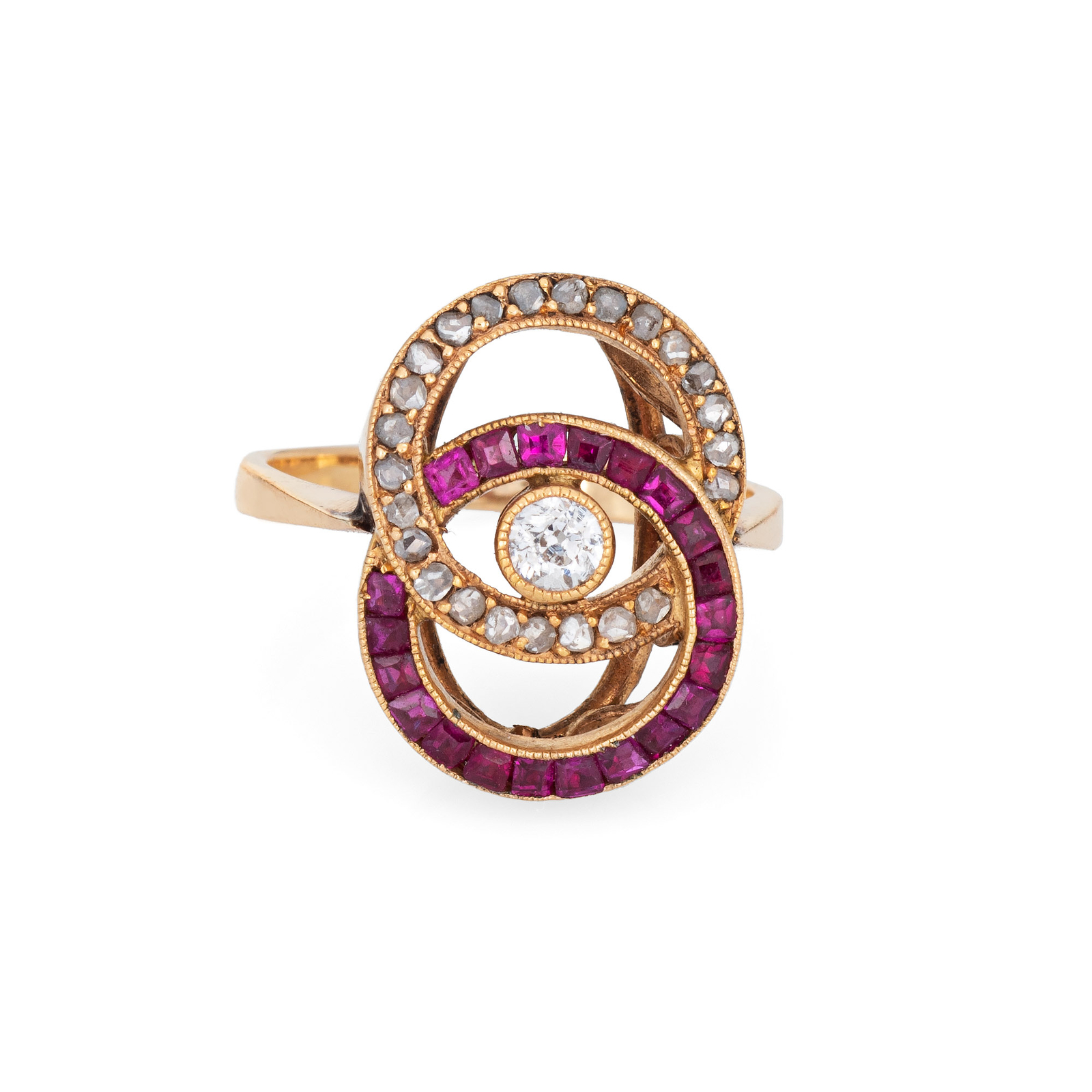 Antique Edwardian Ring Infinity Knot Ruby Diamond… - image 1