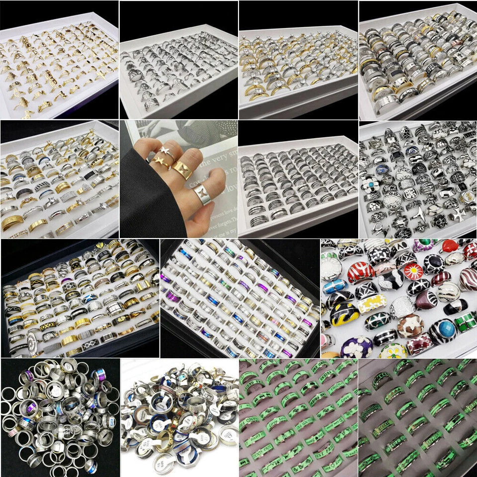 5-100pcs Wholesale Stainless Steel Mixed Rings Bulk Finger Band Ring Jewelry Lot - Image 2 of 4